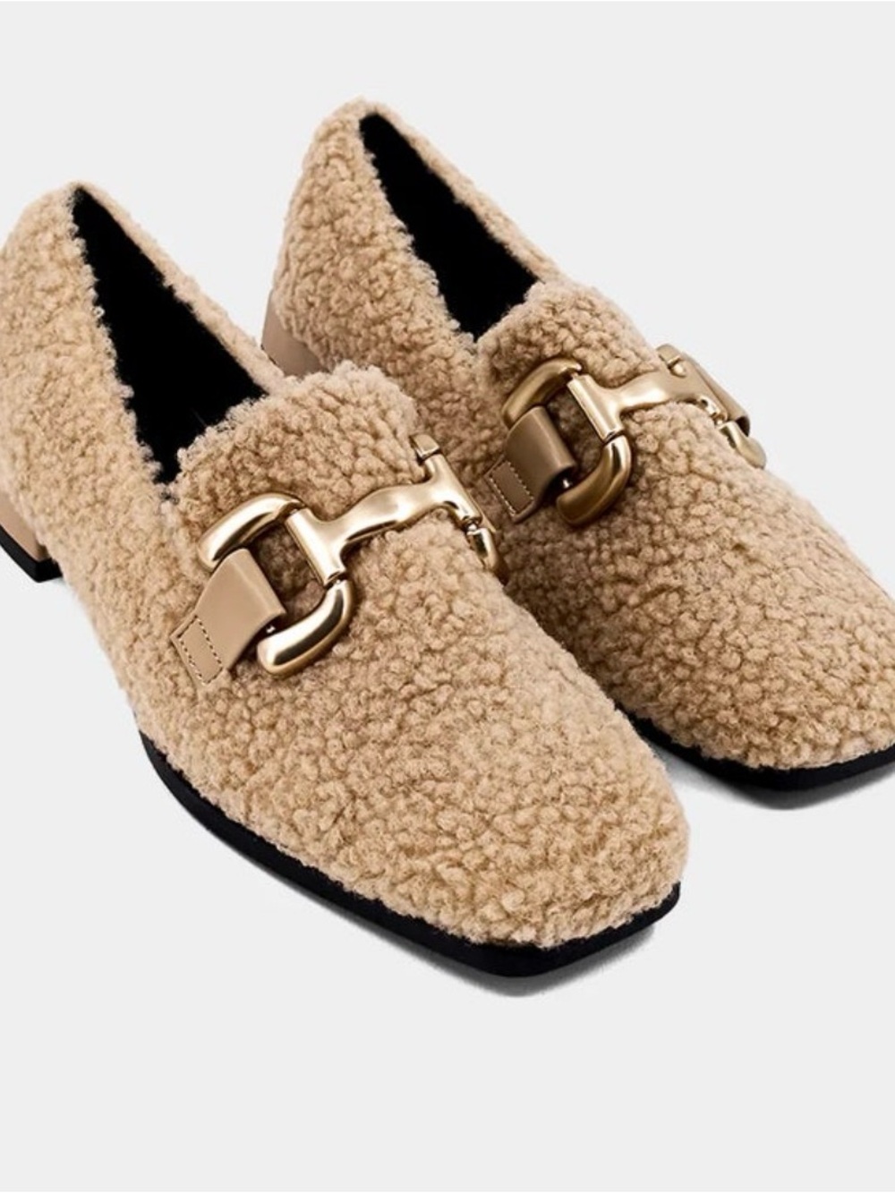 Cozy Shearling Loafers with Gold Buckle - Beige